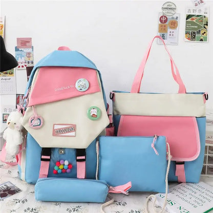 4-piece Set Fashion Women's Backpack Trend Badge Canvas School Bag For Girls Cute Pendant Contrast Color Shoulder Bags Scoolbags