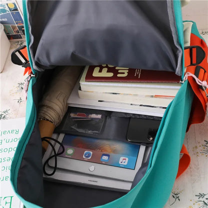 4-piece Set Fashion Women's Backpack Trend Badge Canvas School Bag For Girls Cute Pendant Contrast Color Shoulder Bags Scoolbags