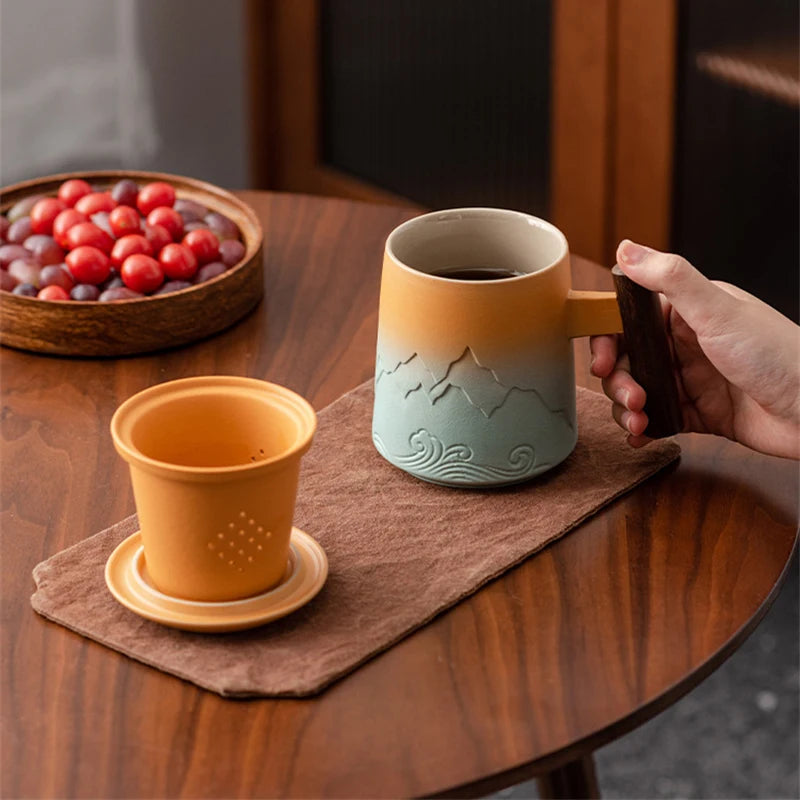 400ML Creative Tea Separation Cup Gradient Ceramic Mug Office Cup Tea Cup Personal Cup Retro Coffee Cup Tea For Milk Drinkware