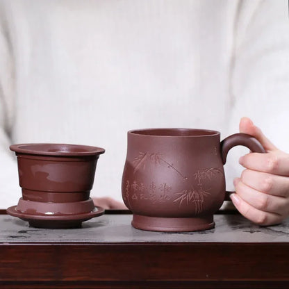 400ML Yixing Clay Teacup with Filter Master Handcrafted Luxury Household Office Tea Infuser Kettle Hand-carved Ancient Texts