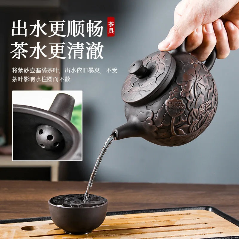 400cc Purple Pottery Relief Fengming Pot Half-Handmade Large Capacity Teapot Purple Clay Pot Single Teapot Xi Shi Pot