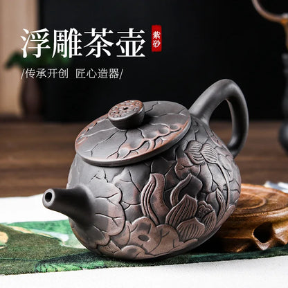 400cc Purple Pottery Relief Fengming Pot Half-Handmade Large Capacity Teapot Purple Clay Pot Single Teapot Xi Shi Pot
