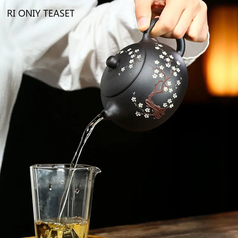 400ml Classic Yixing Purple Clay Teapot Raw Ore Black Mud Xishi Tea Pot Zisha High Capacity Plum Bossom Tea Kettle Home Tea Set
