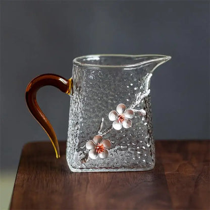 400ml Heat Resistant Glass Teapot with Handle and 3D Plum Flower Teacup Transparent Hammer Pattern Drinkware