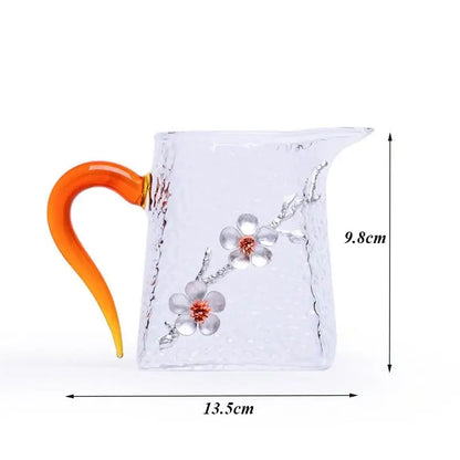 400ml Heat Resistant Glass Teapot with Handle and 3D Plum Flower Teacup Transparent Hammer Pattern Drinkware