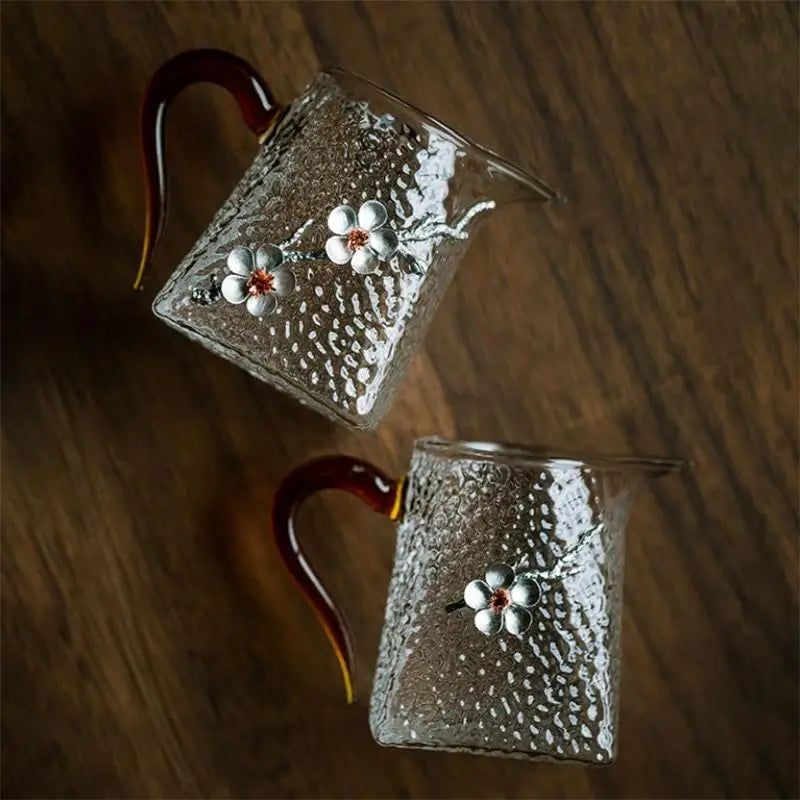 400ml Heat Resistant Glass Teapot with Handle and 3D Plum Flower Teacup Transparent Hammer Pattern Drinkware
