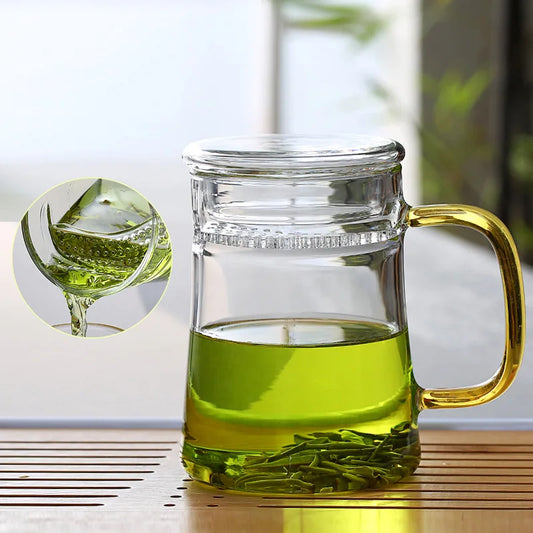 400ml Modern Minimalist Tea Mug Crescent Filter Glass Flower Tea Cup with Handle Lid Glass Office Tea Separation Teacup