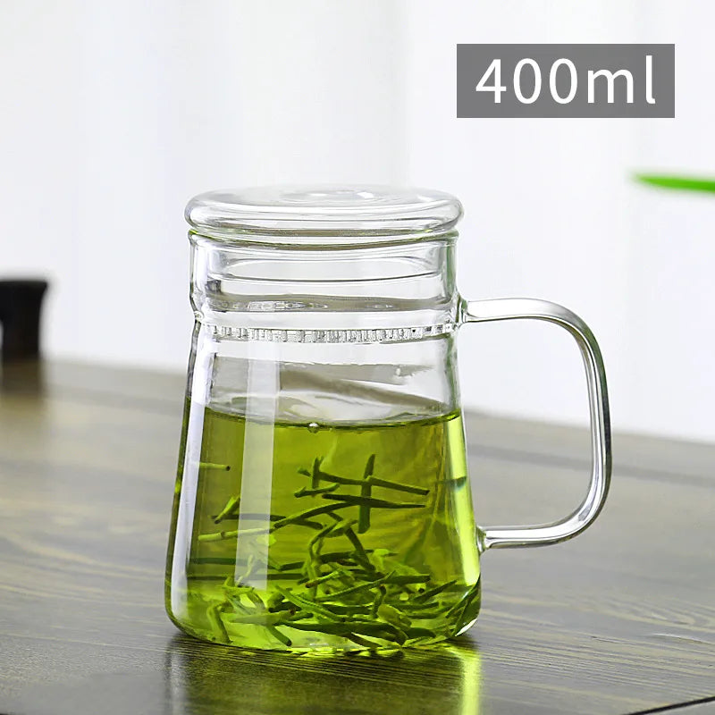 400ml Modern Minimalist Tea Mug Crescent Filter Glass Flower Tea Cup with Handle Lid Glass Office Tea Separation Teacup