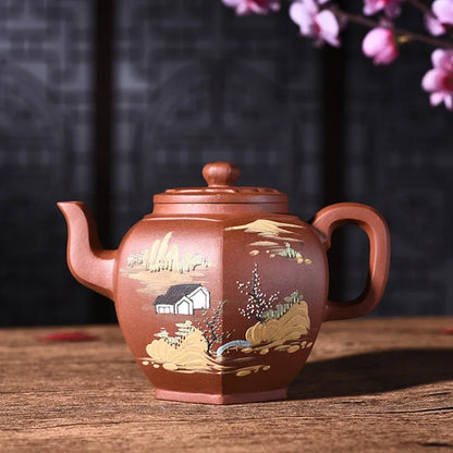 400ml Yixing Purple Clay Teapot Genuine Full Manual Qingshui Mud Painted Six Parties Tea Pot Kung Fu Tea Kettle Free Shipping