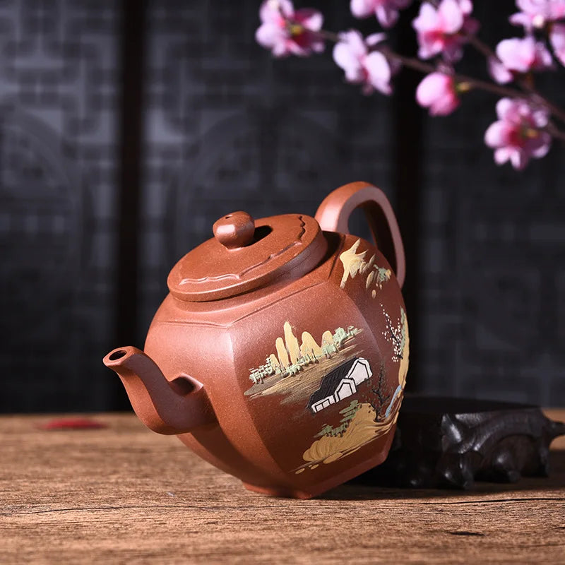 400ml Yixing Purple Clay Teapot Genuine Full Manual Qingshui Mud Painted Six Parties Tea Pot Kung Fu Tea Kettle Free Shipping