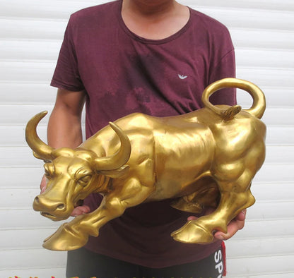 40CM large  office home shop company Porch lobby thriving business Money Drawing Mascot# gold cattle bull FENG SHUI Brass statue