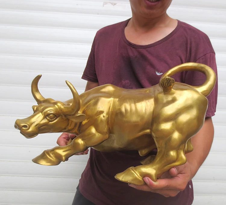 40CM large  office home shop company Porch lobby thriving business Money Drawing Mascot# gold cattle bull FENG SHUI Brass statue