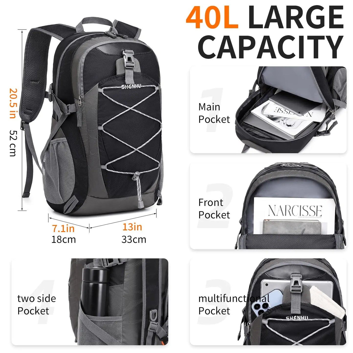40L Hiking Backpack Lightweight Daypack Waterproof Travel Camping Backpack for Men Women Sport Packable