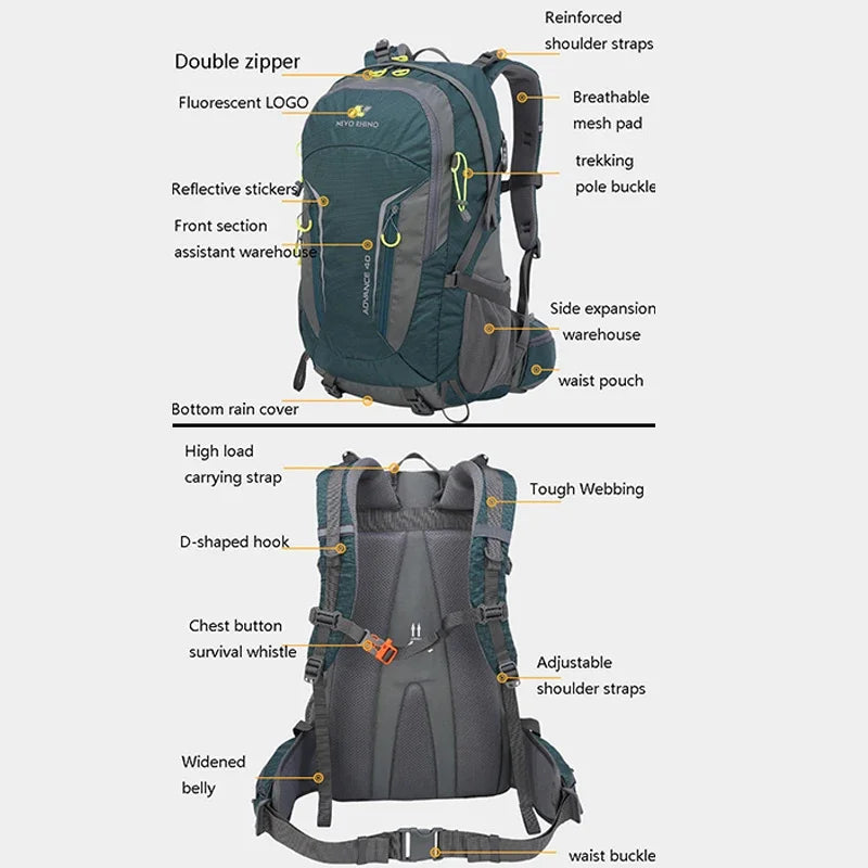 40L Men Unisex Outdoor Hiking Backpack Travel Sports Pack Fishing Bag Climbing Camping Rucksack For Male Women Female
