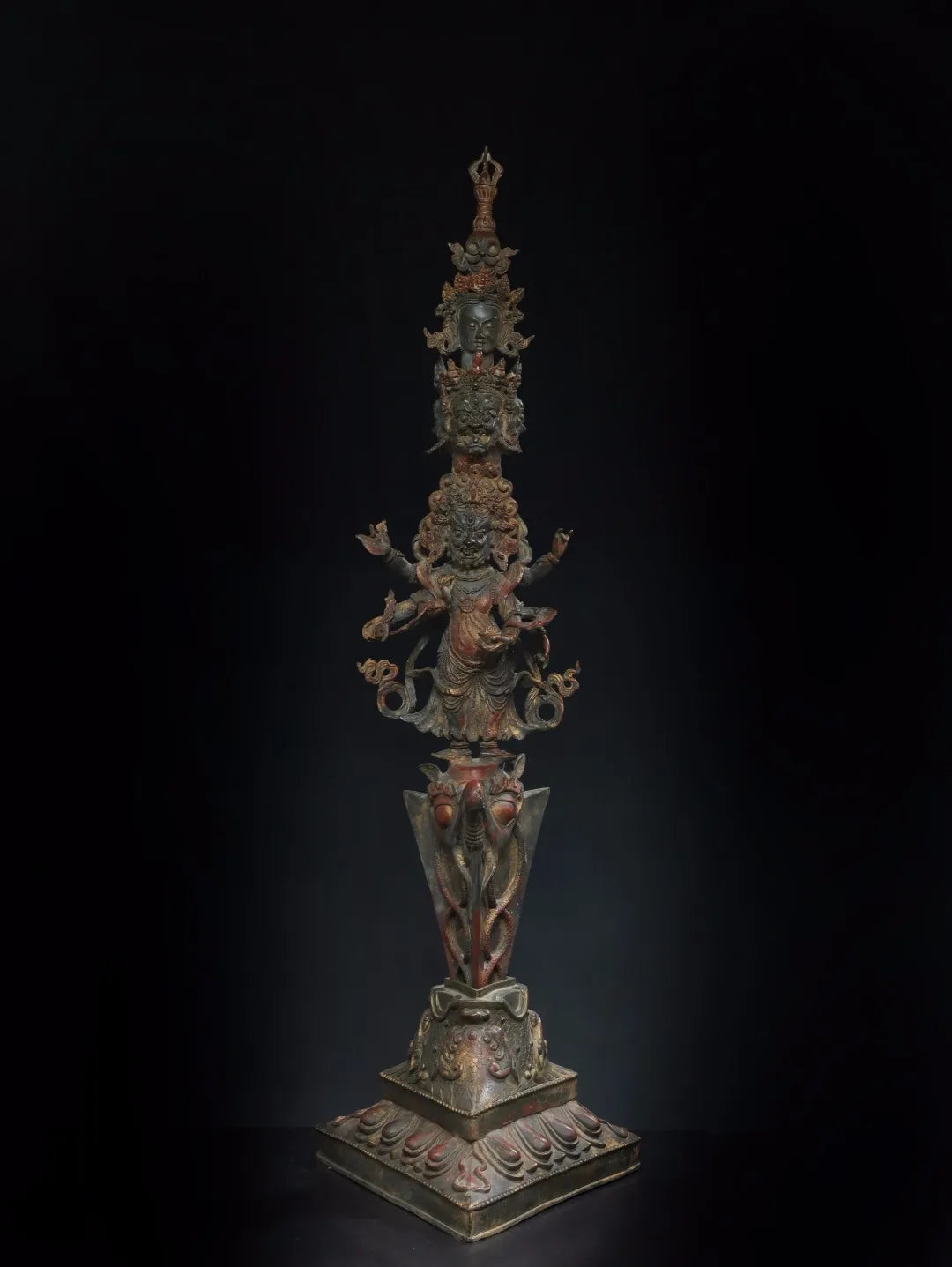 41"Tibet Temple Collection Old Bronze Cinnabar Lacquer Mahakala Buddha Buddha Head Dorje Vajra Phurpa Worship Hall Town house