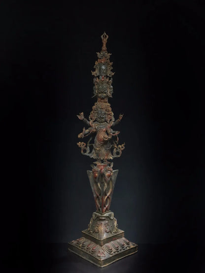 41"Tibet Temple Collection Old Bronze Cinnabar Lacquer Mahakala Buddha Buddha Head Dorje Vajra Phurpa Worship Hall Town house