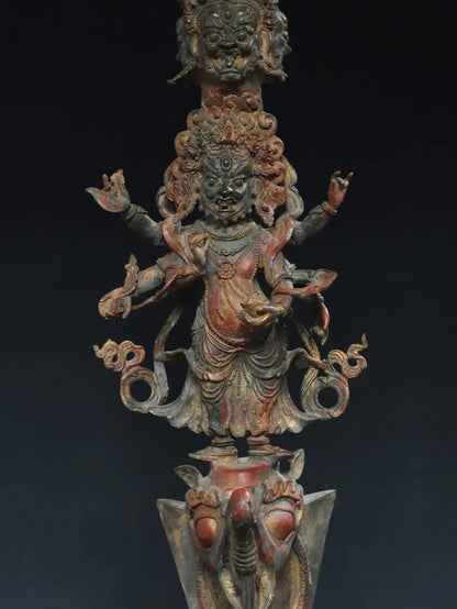 41"Tibet Temple Collection Old Bronze Cinnabar Lacquer Mahakala Buddha Buddha Head Dorje Vajra Phurpa Worship Hall Town house