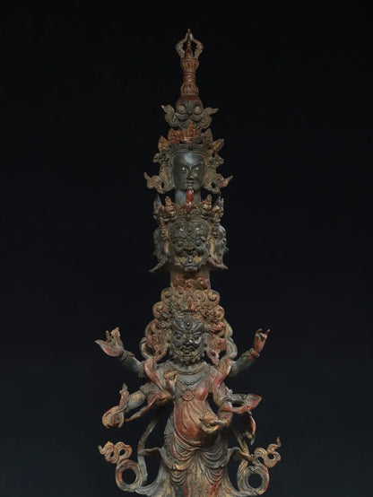 41"Tibet Temple Collection Old Bronze Cinnabar Lacquer Mahakala Buddha Buddha Head Dorje Vajra Phurpa Worship Hall Town house