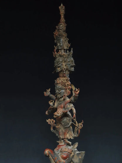 41"Tibet Temple Collection Old Bronze Cinnabar Lacquer Mahakala Buddha Buddha Head Dorje Vajra Phurpa Worship Hall Town house
