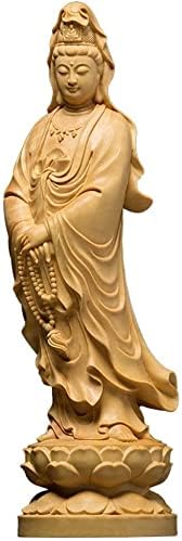 Buddha Statue Meditation Indoor/Outdoor Sculptures Buddha Statue Small Leaf Boxwood Wood Carving Buddha Statue Home Living Room Feng Shui Carving Handicrafts Worship Ornaments Guanyin (Size : H16cm)