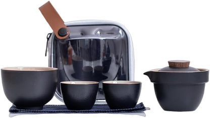 Rikyo Handmade Ceramic Asian Tea Set,Kungfu Tea Sets, Portable Sake Cup for Adult,1 Pot 3 Cups Porcelain Teacups with Tea Infuser Bag for Outdoor and Tea Maker (3.4oz / 100 ml) (Black)