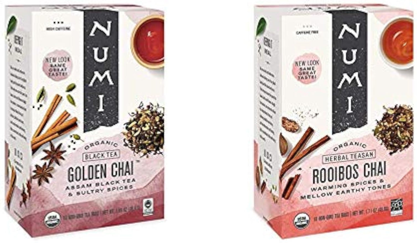 Numi Organic Tea Golden Chai, 18 Count Box of Tea Bags, Black Tea (Packaging May Vary) & Organic Tea Rooibos Chai, 18 Count Box of Tea Bags, Herbal Teasan, Caffeine-Free (Packaging May Vary)