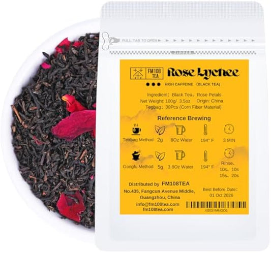 FM108TEA Featured Rose Lychee Black Tea Loose Leaf Tea,Resealable Bag 3.5 Ounce(100g)| With 30PCS Tea Filter Bags,Safe and Natural Material