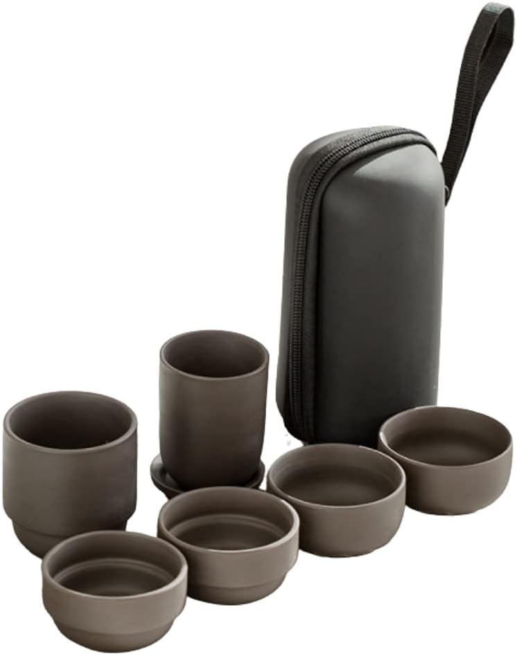 Portable Travel Zisha Tea Set. Chinese Kung Fu Handmade Purple Clay Tea Pot Set with 1 Pot 4 Ceramic Cups and Tea Infuser.