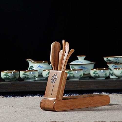 Chinese Foldable Cha Dao Set Bamboo Gongfu Tea Utensils 5 Pieces, Bamboo Kungfu Teaware Tea Needle Tea Spoon Tea Scoop Tea Clip Folding Tool Box Set