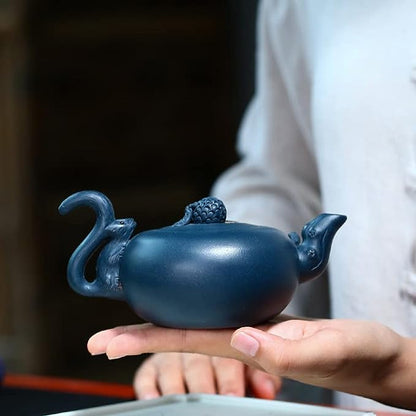 Teapot Chinese Yixing Clay Azure Zisha Pots 8oz Gongfu Tea Handmade Carved Unique Squirrel Grape