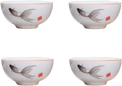 Liang baobao Chinese Tea Tasting Cup Set of 4, 2oz White Porcelain Mini Cups for Gongfu Tea Ceremony (Fish jump)