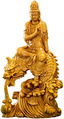 HASMI Lucky 15cm Guan Yin Wood Buddha Statue Boxwood Dragon Guanyin Bodhisattva Solid Wood Sculpture Feng Shui Home Decor