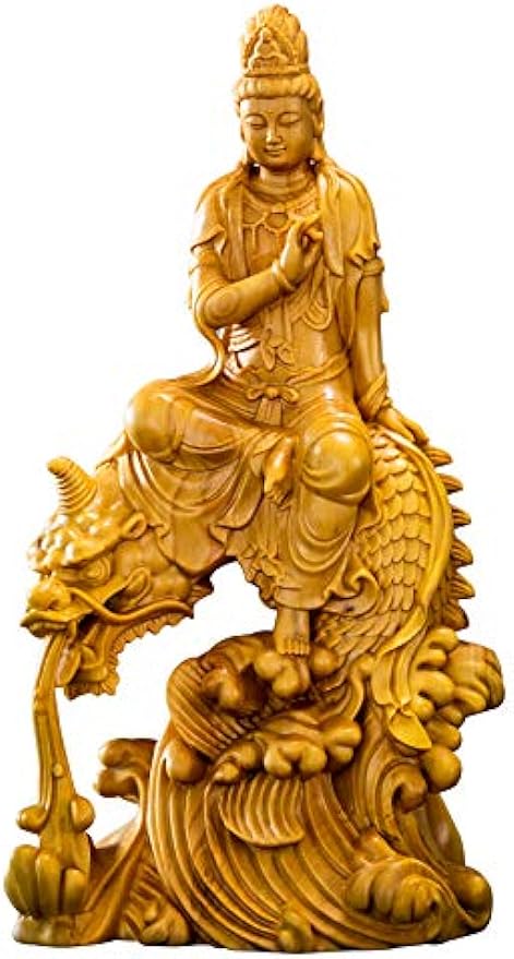 HASMI Lucky 15cm Guan Yin Wood Buddha Statue Boxwood Dragon Guanyin Bodhisattva Solid Wood Sculpture Feng Shui Home Decor