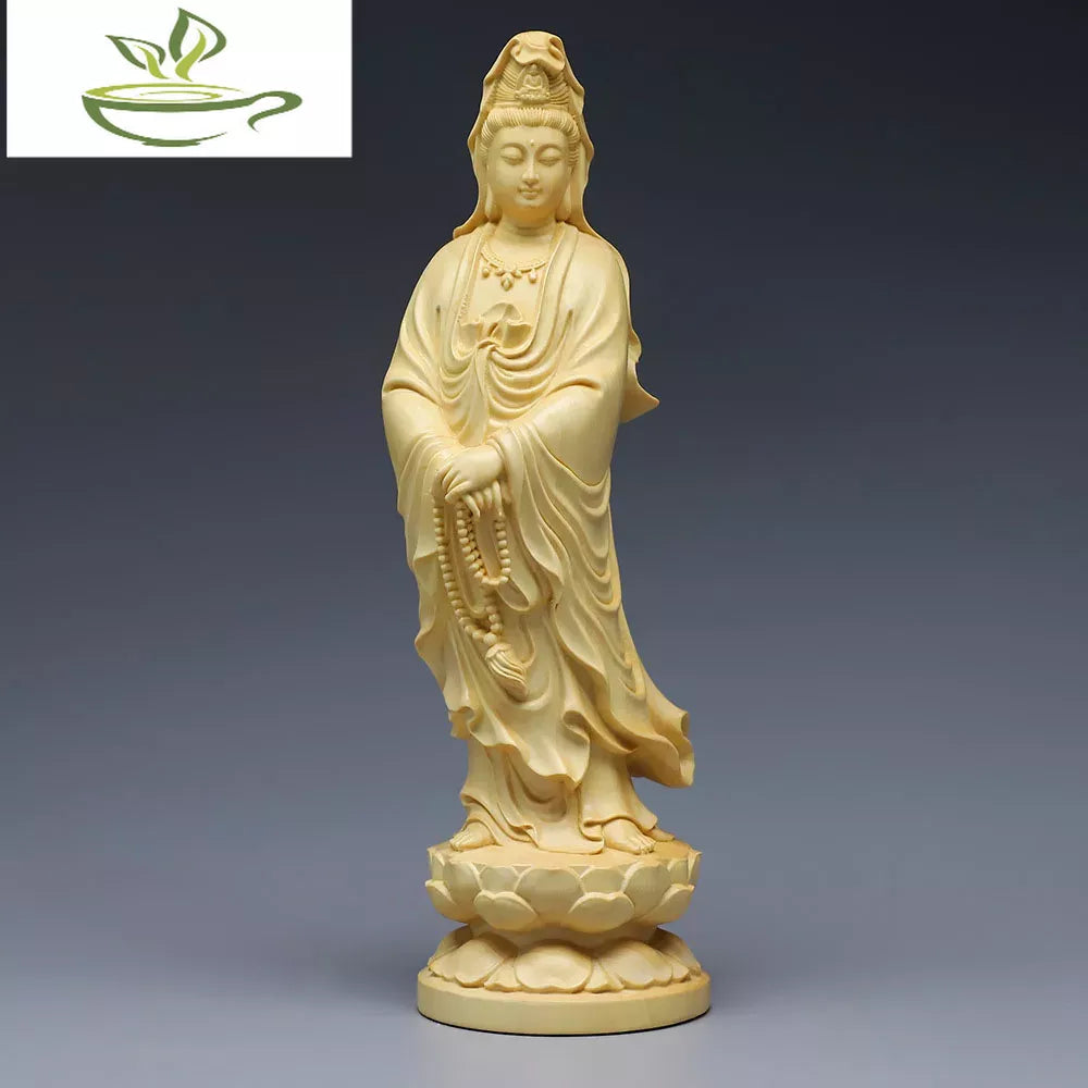 5" Guan Yin Chinese Wood Boxwood Kwan-yin Goddess Avalokiteshvara Buddha Statue Desktop Ornaments Car Ornaments