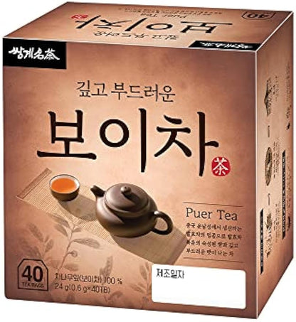 Ssanggye Pu-erh Tea 0.6g X 40 Tea Bags, 100% Naturally Fermented Puer Pu'er Tea Contains Natural Caffeine Anti-Inflammation Improves Digestion Boost Energy and More Health Benefits