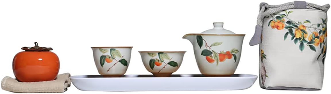 TANFEI Retro Persimmon Tea Set, Ceramic Tea Set with 1 Pot, 2 Cups, 1 Canister, 1 Tea Tray, and 1 Cloth Bag, Portable Travel Tea Set