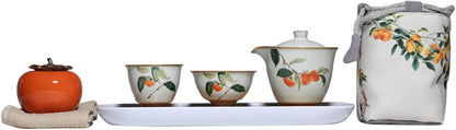 TANFEI Retro Persimmon Tea Set, Ceramic Tea Set with 1 Pot, 2 Cups, 1 Canister, 1 Tea Tray, and 1 Cloth Bag, Portable Travel Tea Set