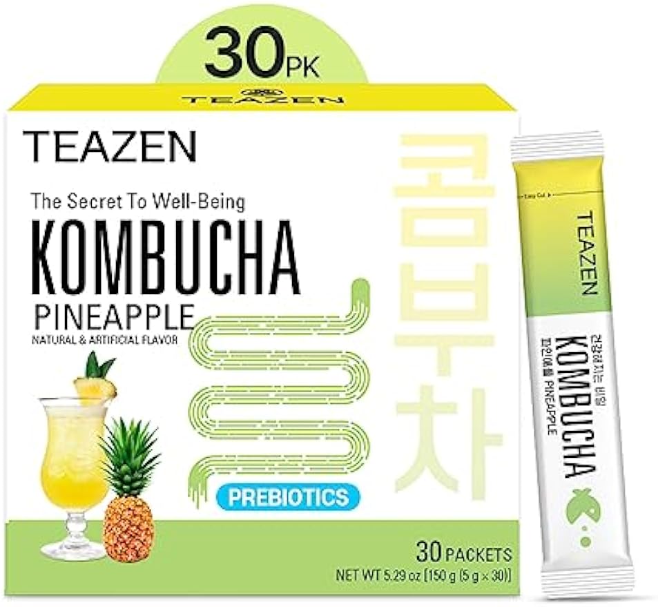 TEAZEN Pineapple Kombucha Tea, Live Probiotics & Postbiotics, Sugar Free, Low Caffeine, Sparkling Fermented Kombucha Powder from Korea, 30 Sticks, 5.29oz