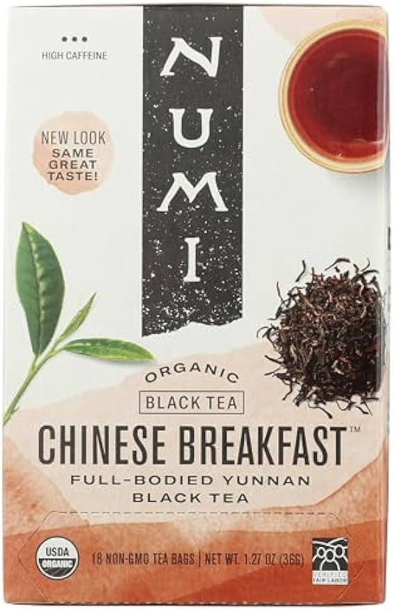 Numi Organic Tea Chinese Breakfast, 18 Count Box of Tea Bags, Yunnan Black Tea (Packaging May Vary)