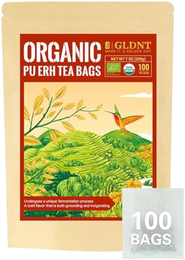 GLDNT Organic Pu-erh Tea Bags, Fermented Yunnan Dark Tea, Bold & Mellow Flavor, Caffeinated, 100 Count