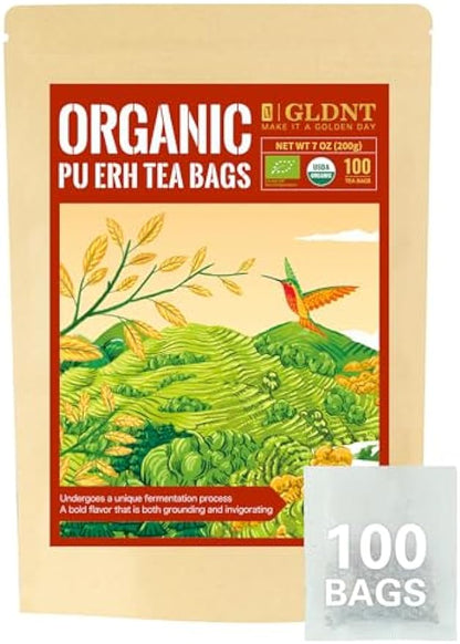 GLDNT Organic Pu-erh Tea Bags, Fermented Yunnan Dark Tea, Bold & Mellow Flavor, Caffeinated, 100 Count