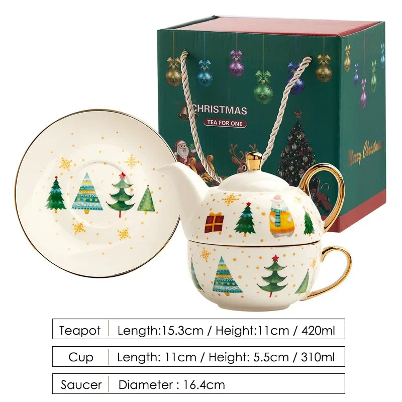 420ml Ceramic Tea for One Set Christmas Santa Claus Teapot Tea Cup Saucer Gold Plating Mug Handle Gift Box