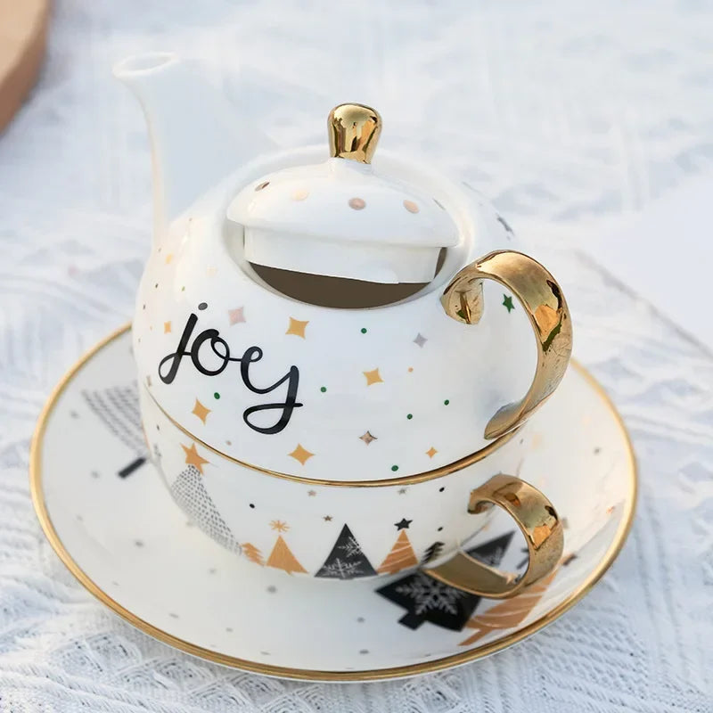420ml Ceramic Tea for One Set Christmas Santa Claus Teapot Tea Cup Saucer Gold Plating Mug Handle Gift Box