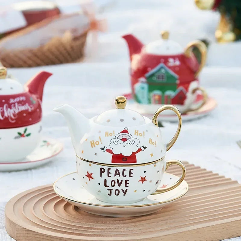 420ml Ceramic Tea for One Set Christmas Santa Claus Teapot Tea Cup Saucer Gold Plating Mug Handle Gift Box