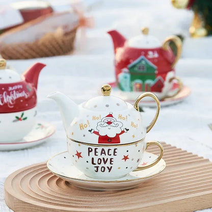 420ml Ceramic Tea for One Set Christmas Santa Claus Teapot Tea Cup Saucer Gold Plating Mug Handle Gift Box