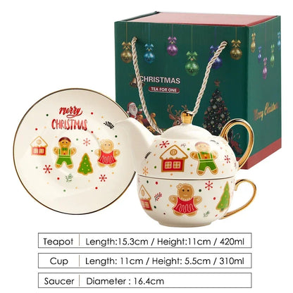 420ml Ceramic Tea for One Set Christmas Santa Claus Teapot Tea Cup Saucer Gold Plating Mug Handle Gift Box