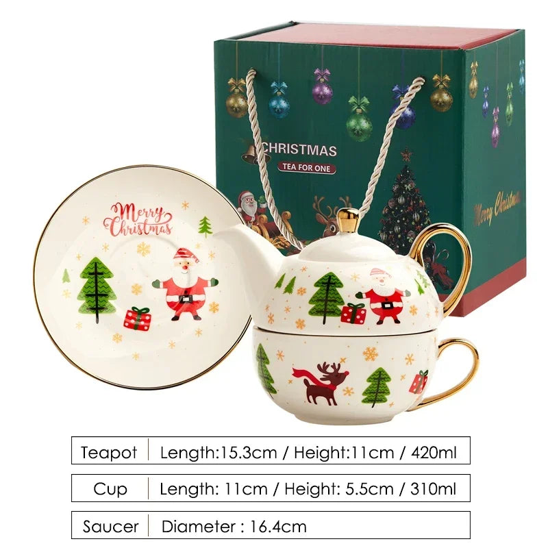 420ml Ceramic Tea for One Set Christmas Santa Claus Teapot Tea Cup Saucer Gold Plating Mug Handle Gift Box