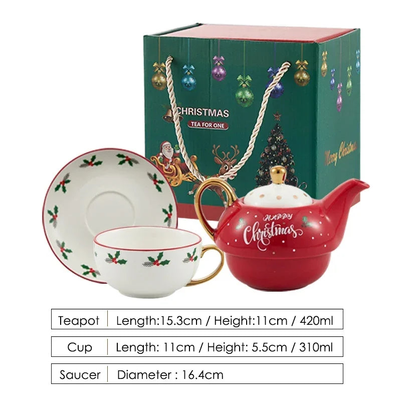 420ml Ceramic Tea for One Set Christmas Santa Claus Teapot Tea Cup Saucer Gold Plating Mug Handle Gift Box