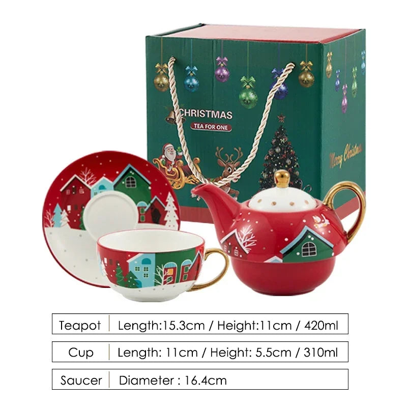 420ml Ceramic Tea for One Set Christmas Santa Claus Teapot Tea Cup Saucer Gold Plating Mug Handle Gift Box