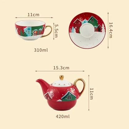 420ml Ceramic Tea for One Set Christmas Santa Claus Teapot Tea Cup Saucer Gold Plating Mug Handle Gift Box